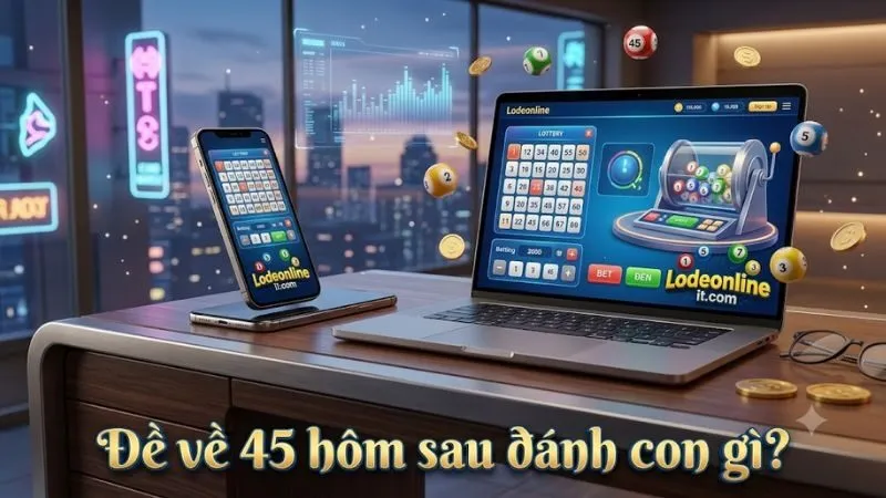 Banner thiết kế chuyên nghiệp về chủ đề đề về 45 với biểu đồ số học và các con số may mắn nổi bật.